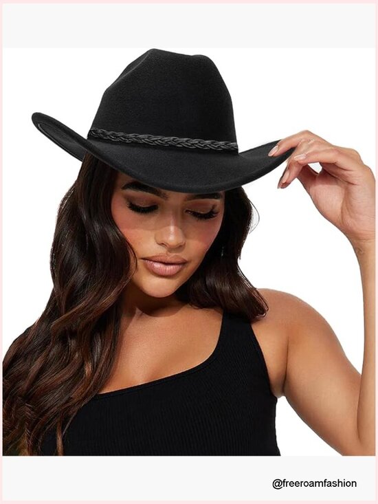 Studded Pinched Cowboy Hat with Belt Buckle Wide Brim Fedora